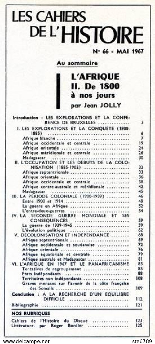 LES CAHIERS DE L HISTOIRE 1967 N° 66 Afrique De 1800 à Nos Jours - Geschiedenis