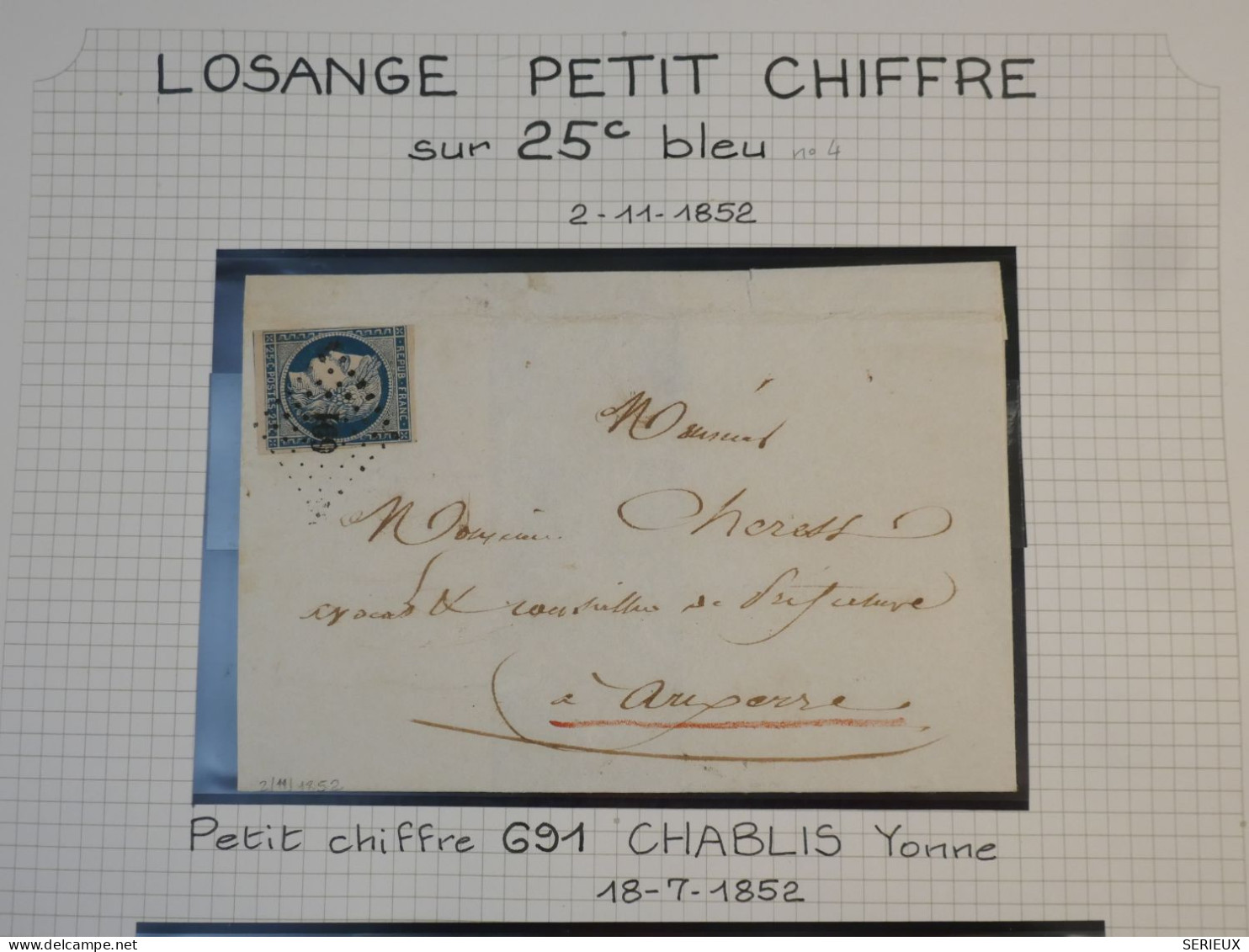 DK3 FRANCE BELLE  LETTRE RR  2.11.1852 PETIT BUREAU CHABLY A AUXERRE  + N°4  LOS. PC+VU BEHR.DISPERSION DE COLLECTION+ - 1849-1876: Klassik