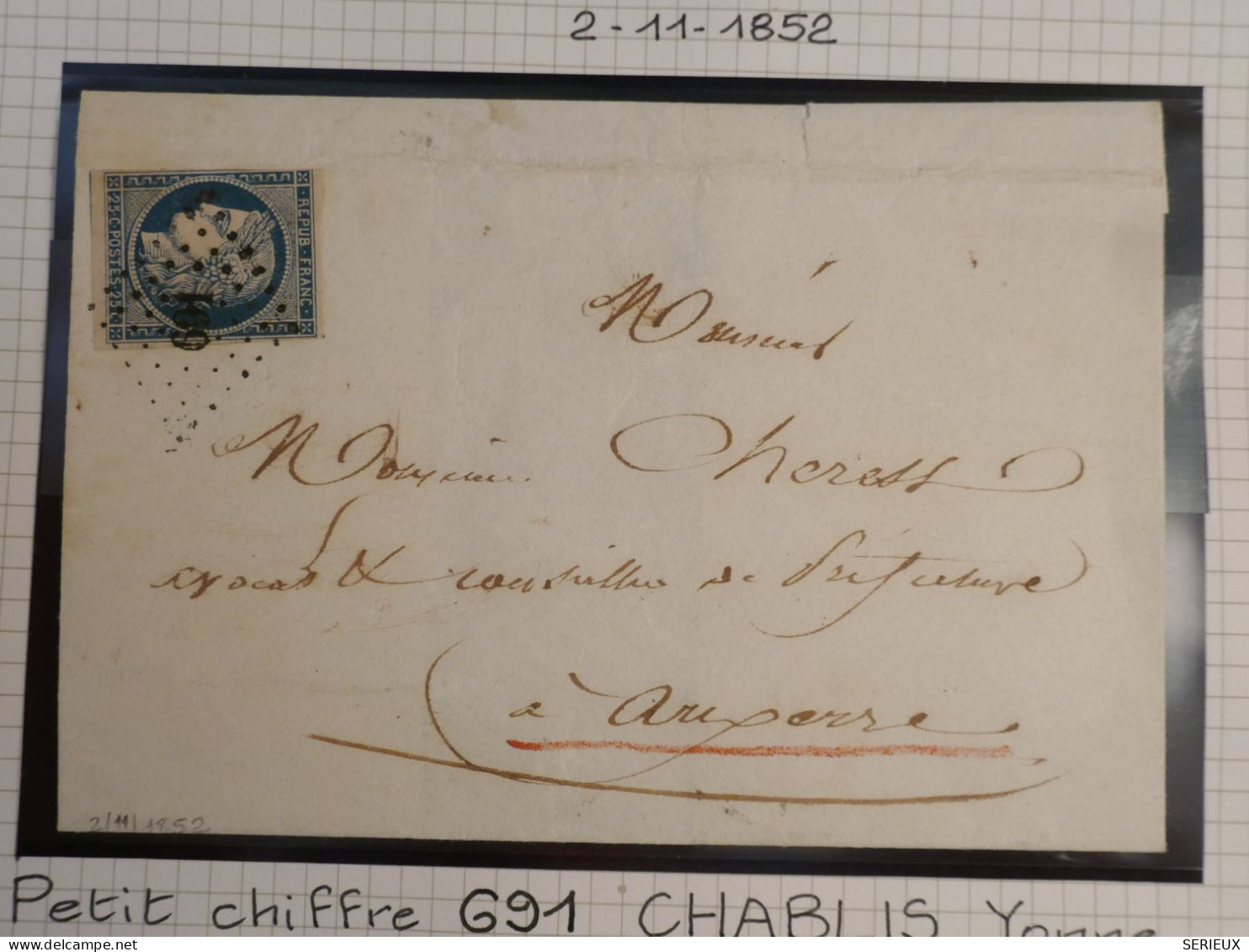 DK3 FRANCE BELLE  LETTRE RR  2.11.1852 PETIT BUREAU CHABLY A AUXERRE  + N°4  LOS. PC+VU BEHR.DISPERSION DE COLLECTION+ - 1849-1876: Période Classique