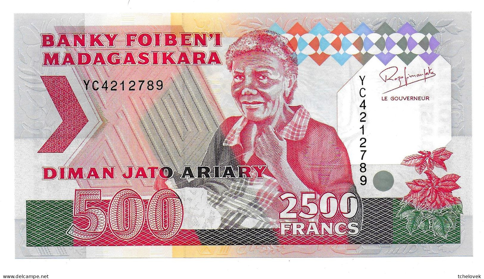 (Billets). Madagascar. 2500 Fr / 500 Ariary1993. UNC. Pick 72. Numérotation Verticale Varieté De Signature - Madagascar