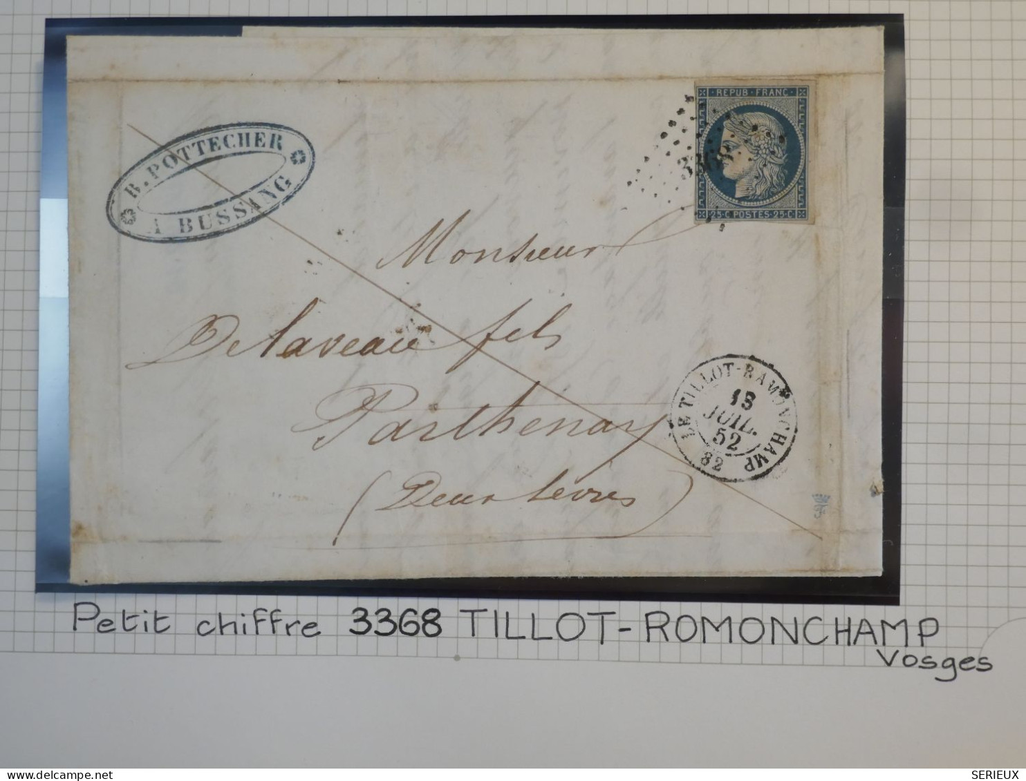 DK3 FRANCE BELLE LETTRE RARE 18. 07.1852 PETIT BUREAU TILLOT ROMONCHAMP + N°4  LOS. PC+VU BEHR.DISPERSION DE COLLECTION+ - 1849-1876: Période Classique