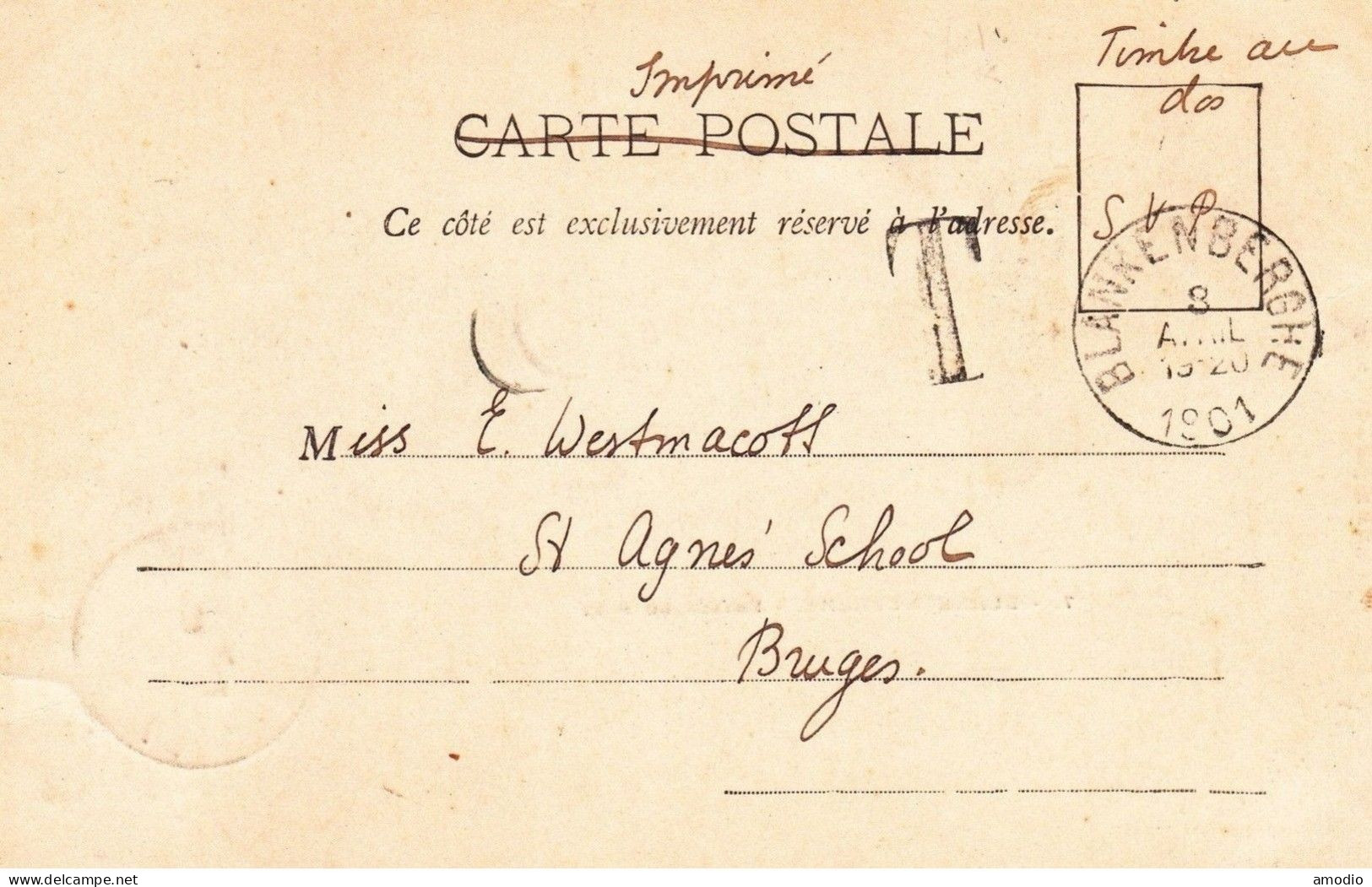 Belgique YT 81 / CPA Oblit Blankenberghe 08/04/1901 Pour Bruges Marque Taxe N/A Tarif Imprimé  SUP - Lettres & Documents