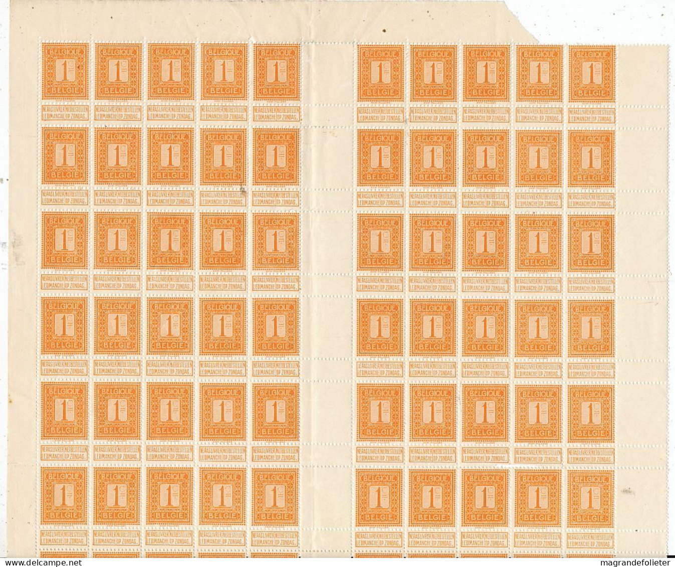 TIMBRE STAMP ZEGEL BELGIQUE  EXEPTIONNELLE PLANCHE DE 100 X LE No 108 AVEC LES VARIETES ET GOMME  XX - ...-1930