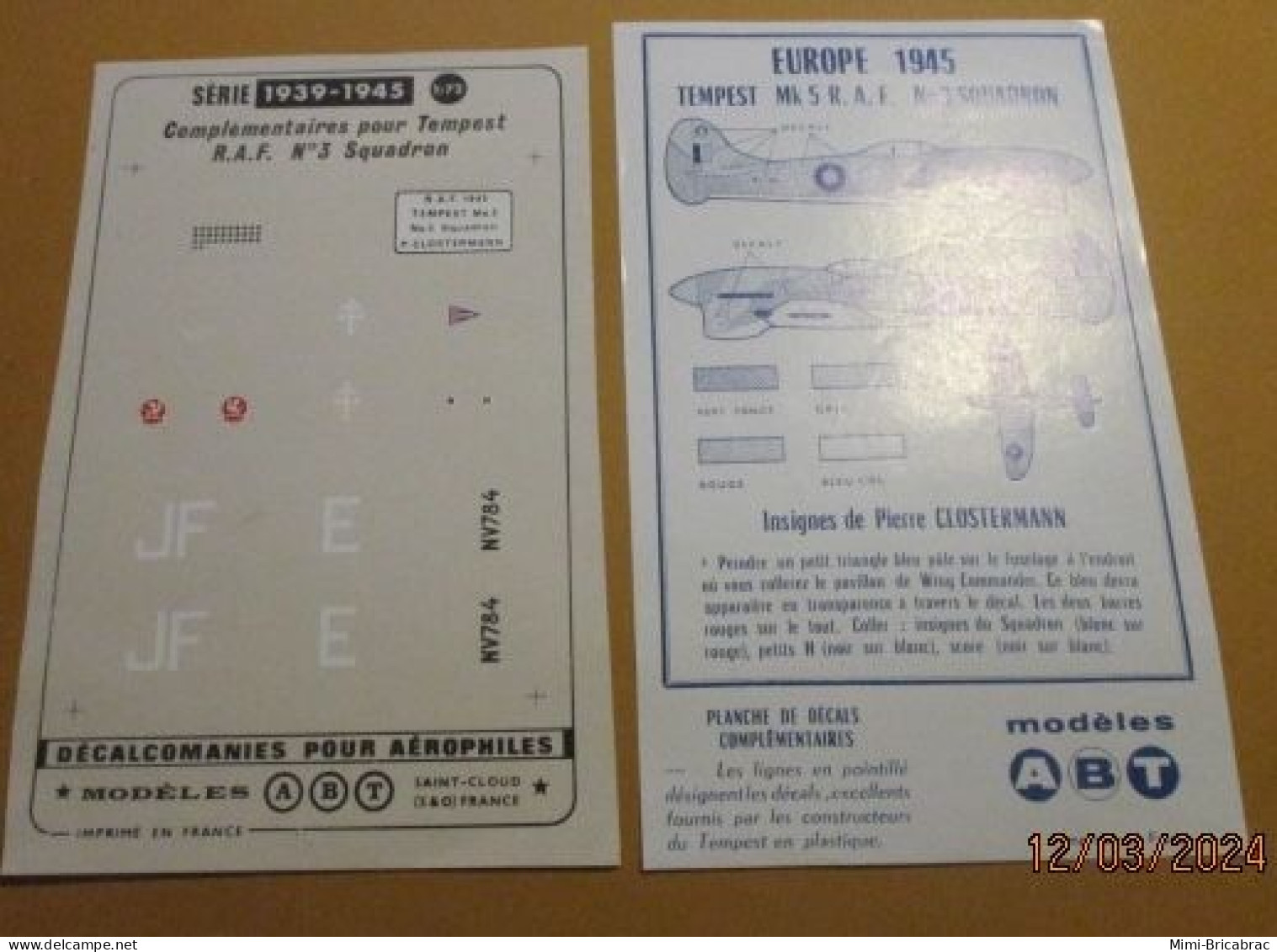 DEC24 : RARE Planche Décals ABT 1/72 ROYAL AIR FORCE 1945 LE TEMPEST DE PIERRE CLOSTERMANN - Vliegtuigen