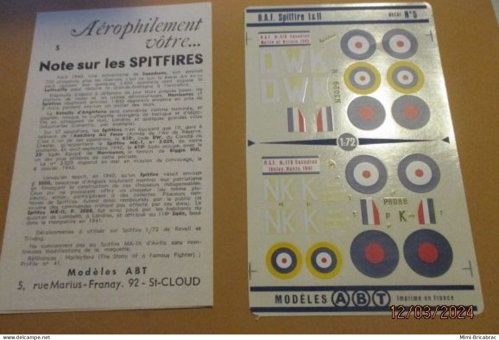 DEC24 : RARE Planche Décals ABT 1/72 ROYAL AIR FORCE 1940 SPITFIRE Mk I ET Mk II - Flugzeuge