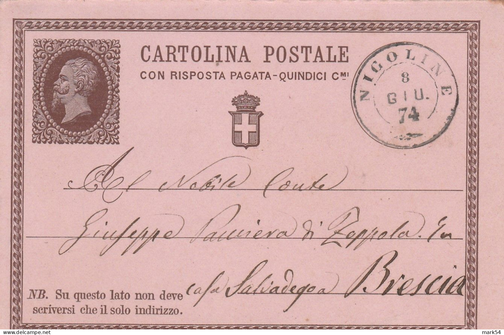 D 32 CP N. 2 Con Doppio Cerchio Con Losanga Di Nigoline 8 Giugno 1874 - Postwaardestukken