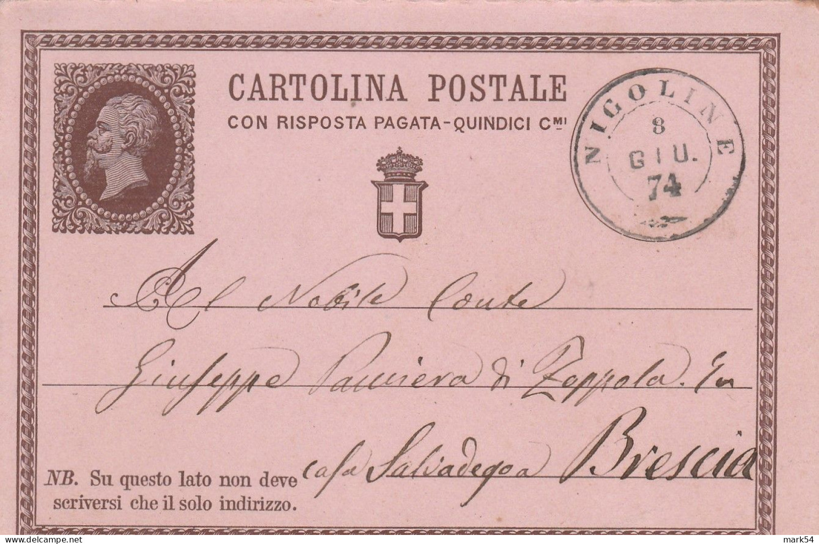 D 32 CP N. 2 Con Doppio Cerchio Con Losanga Di Nigoline 8 Giugno 1874 - Stamped Stationery