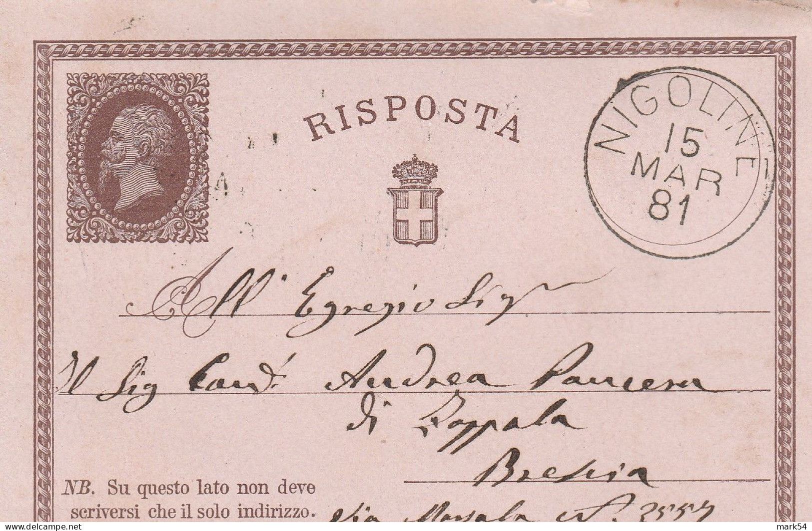 D 33 CP N. 2 Parte Risposta Co Grande Cerchio Di Nigoline 15 Marzo 1881 - Ganzsachen