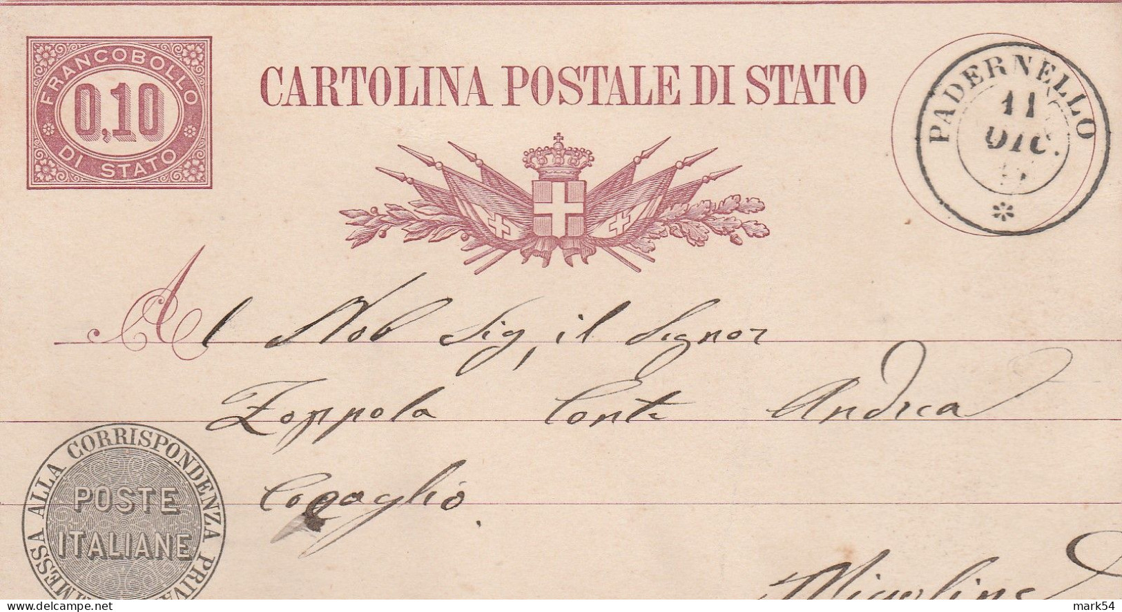 D 34 CP 3A 1 Filetto Con Doppuio Cerchio Di Padernello 1 Dic 1877 - Stamped Stationery