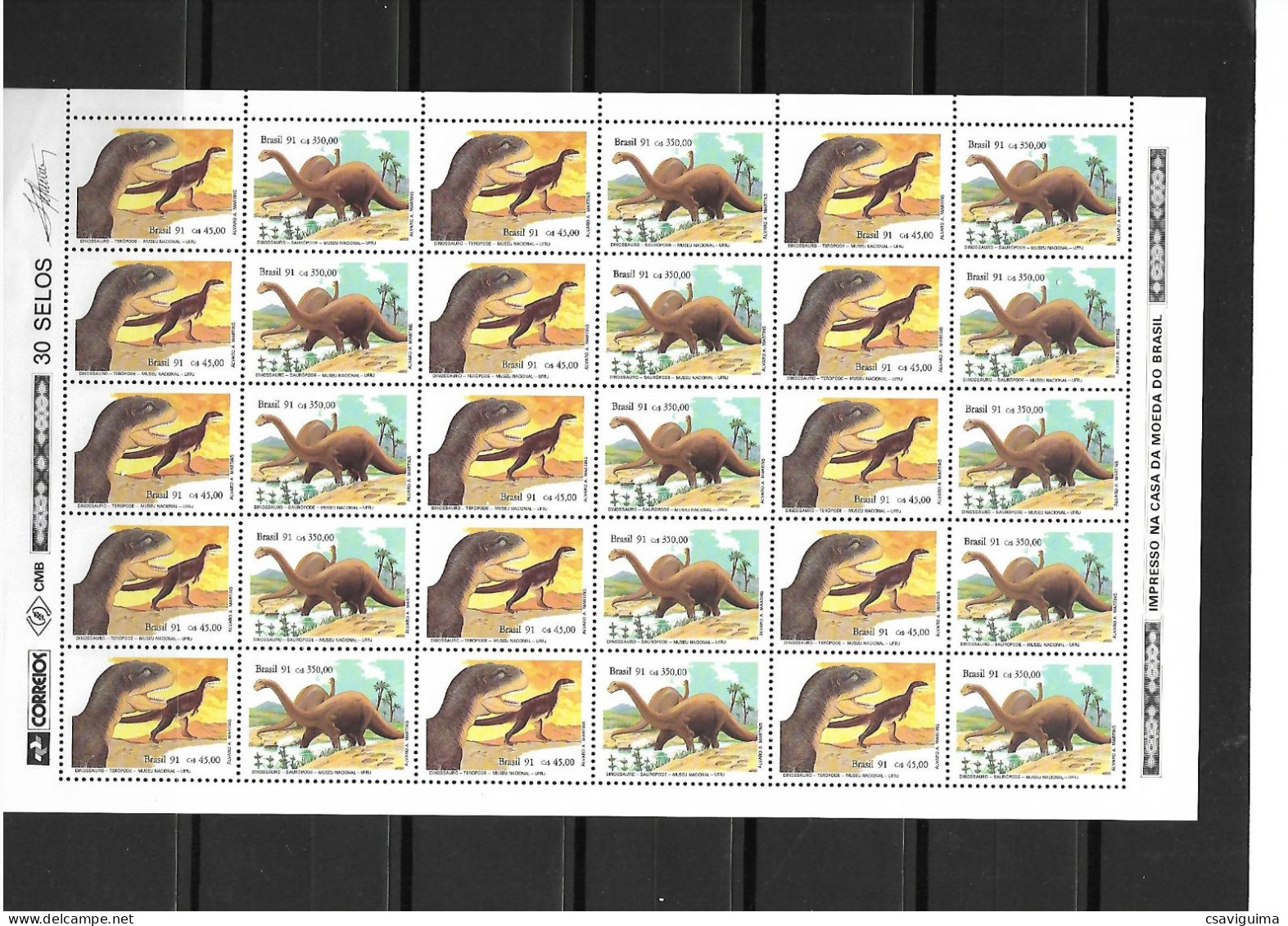 Brasil (Brazil) - 1991 - FULL SHEET: Reptiles: Snakes, Dinosaurs - Yv 2019/22 - Slangen