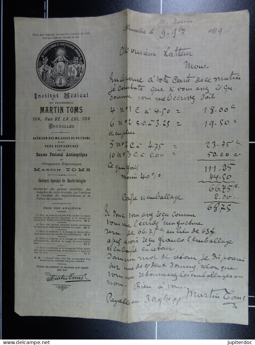 Institut Médical Martin Toms Guérison Des Maladies De Poitrine, Voies Respiratoires... Bruxelles 1899  /44/ - Perfumería & Droguería