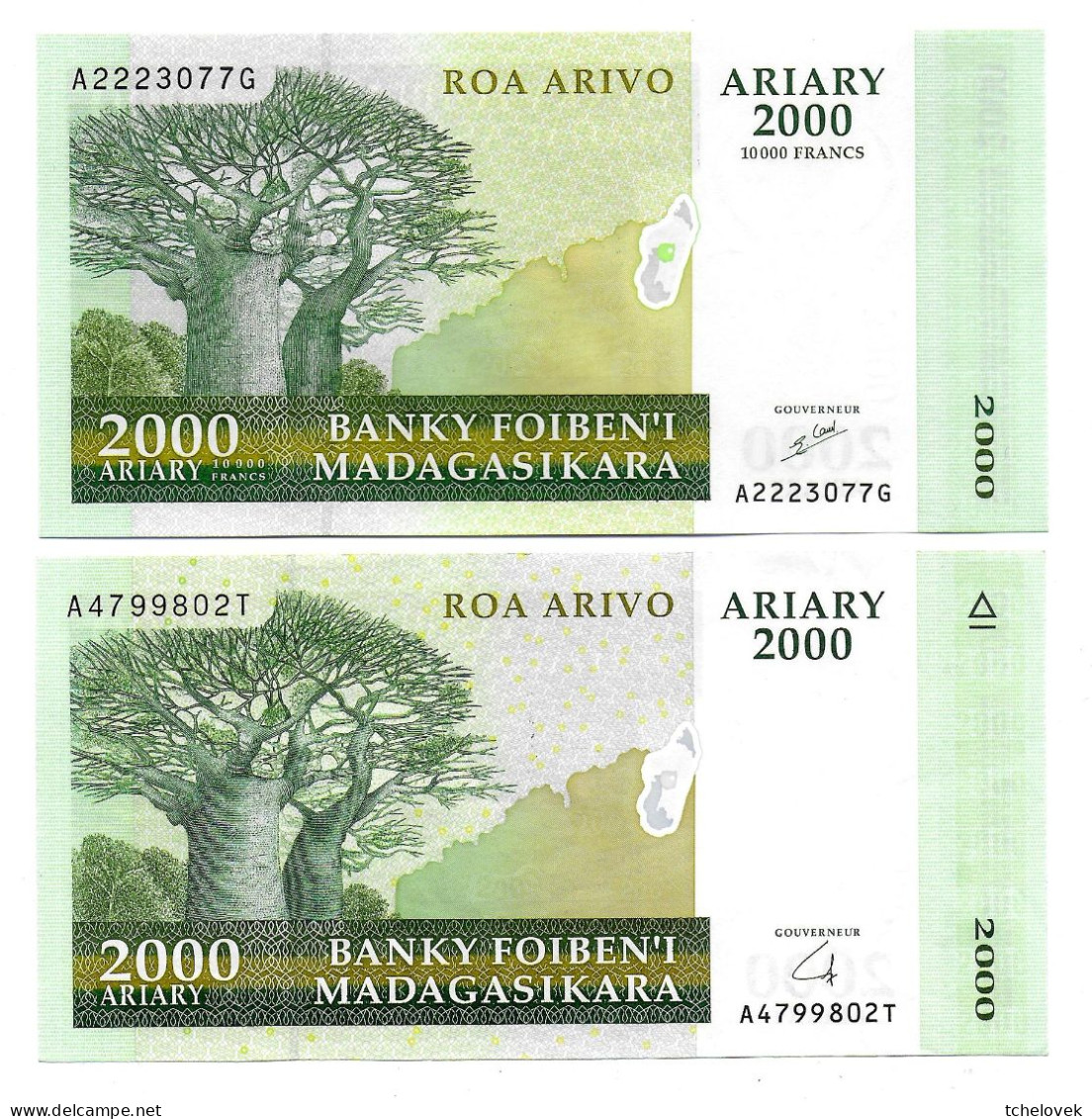 (Billets). Madagascar. 2004. 1000 Ariary X2 & 2000 Ar X2. Varieté De Signature. AUNC Sauf 1 De 2000. Avec Et Sans Francs - Madagascar