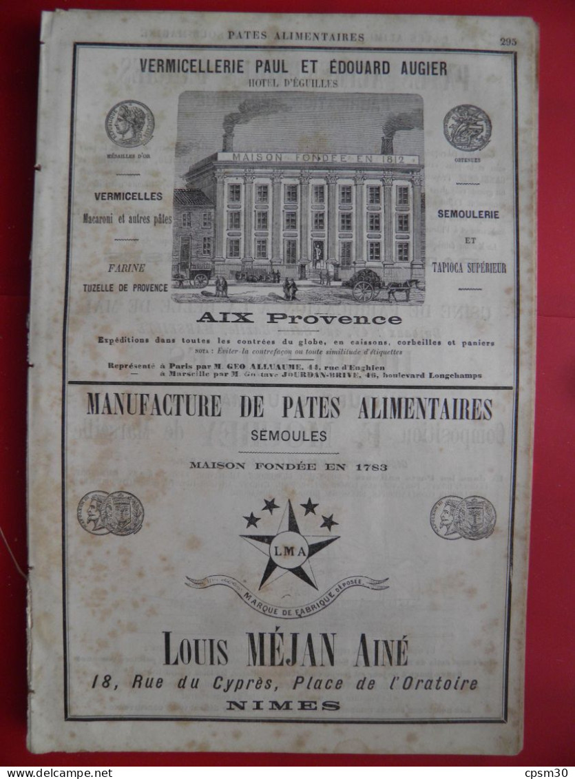 PUB 1884 - Pates Alimentaires Augier 13 Aix Provence, Méjan Rue Cypré Pl Oratoire 30 Nimes, Salles 13 Marseille, Mourey - Publicités