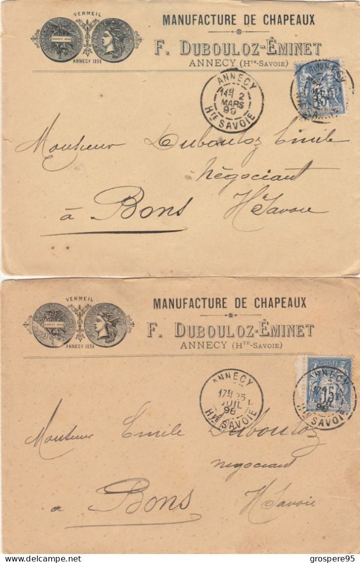 ANNECY MANUFACTURE DE CHAPEAUX DUBOULOZ EMINET 2 ENVELOPPES + 2 MANDATS + 2 FACTURES 1898 - 1800 – 1899