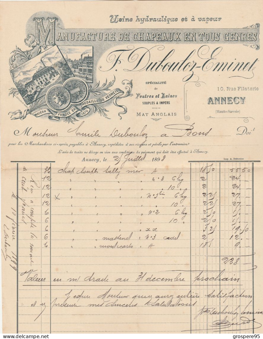 ANNECY MANUFACTURE DE CHAPEAUX DUBOULOZ EMINET 2 ENVELOPPES + 2 MANDATS + 2 FACTURES 1898 - 1800 – 1899