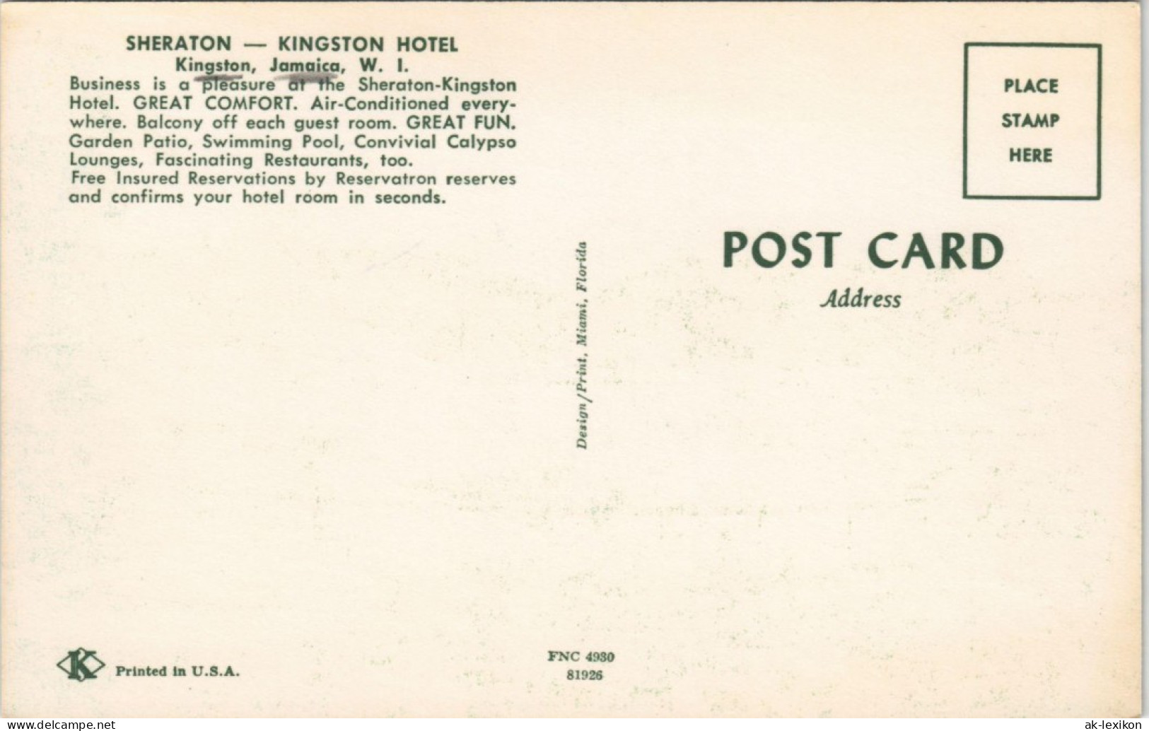 Postcard Kingston SHERATON KINGSTON HOTEL Jamaica W.I. Karibik 1965 - Jamaïque