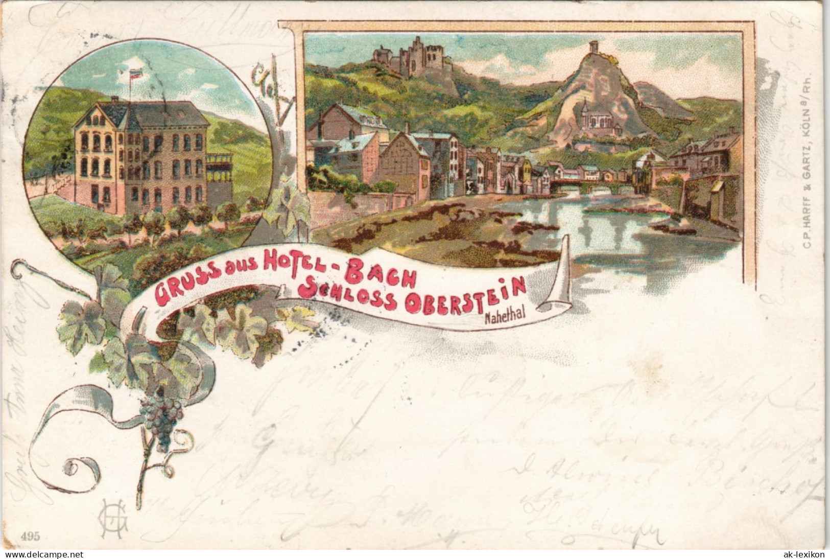 Ansichtskarte Idar-Oberstein 2 Bild Litho: Stadt, Hotel Bach Schloß 1898 - Idar Oberstein