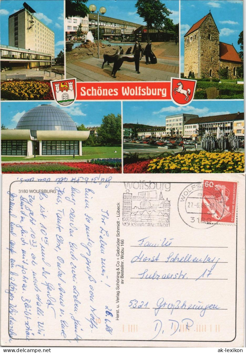 Ansichtskarte Wolfsburg Hochhaus, Skulpur, Planetarium 1988 - Wolfsburg