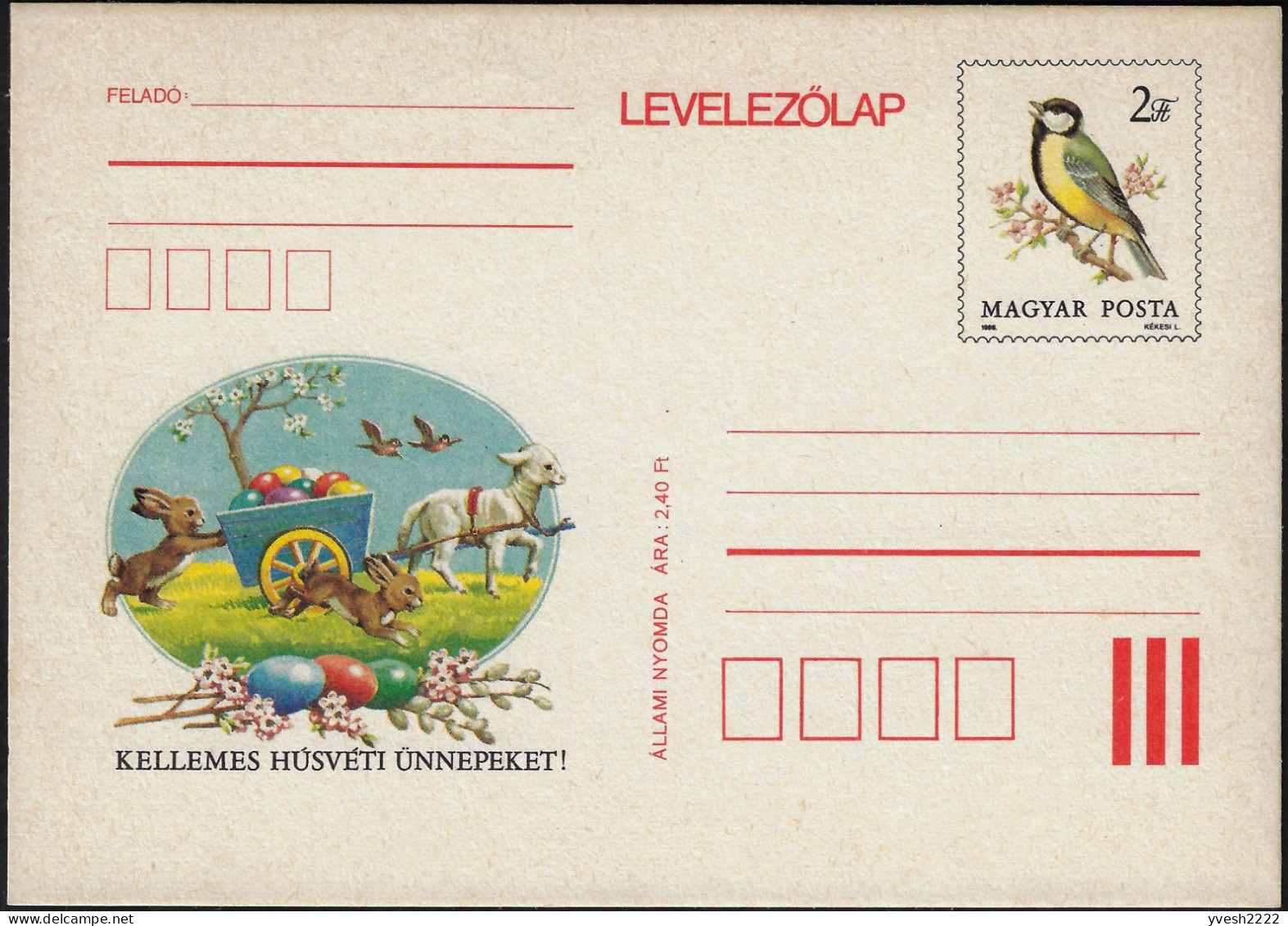Hongrie 1986. Entier Postal Joyeuse Fête De Pâques. Agneau Pascal, Lapins, œufs, Oiseaux - Konijnen