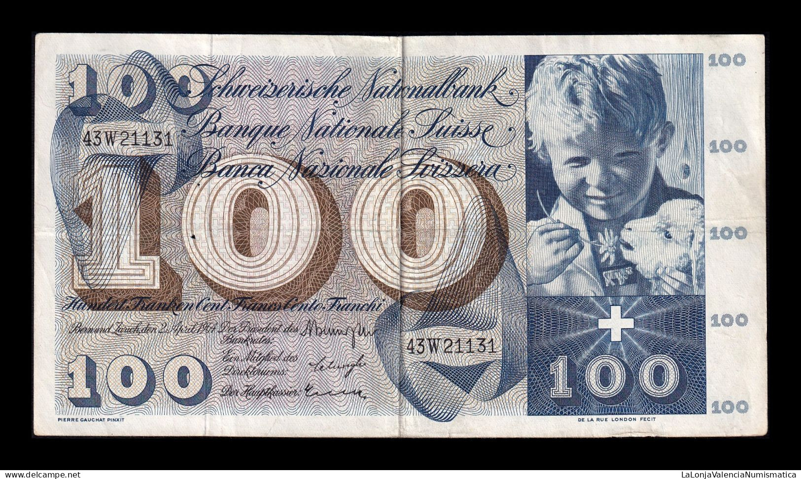 Suiza Switzerland 100 Francs 1964 Pick 49f(1) Mbc Vf - Schweiz