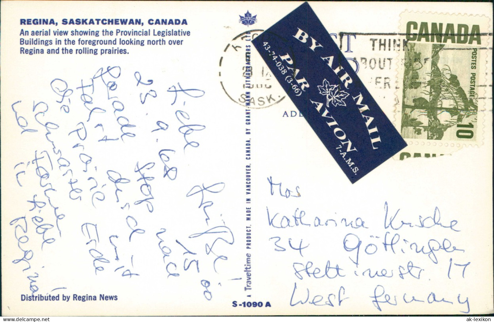 Postcard Regina (Saskatchewan) Luftbil Areal View 1968  Gel. Air Mail - Sonstige & Ohne Zuordnung