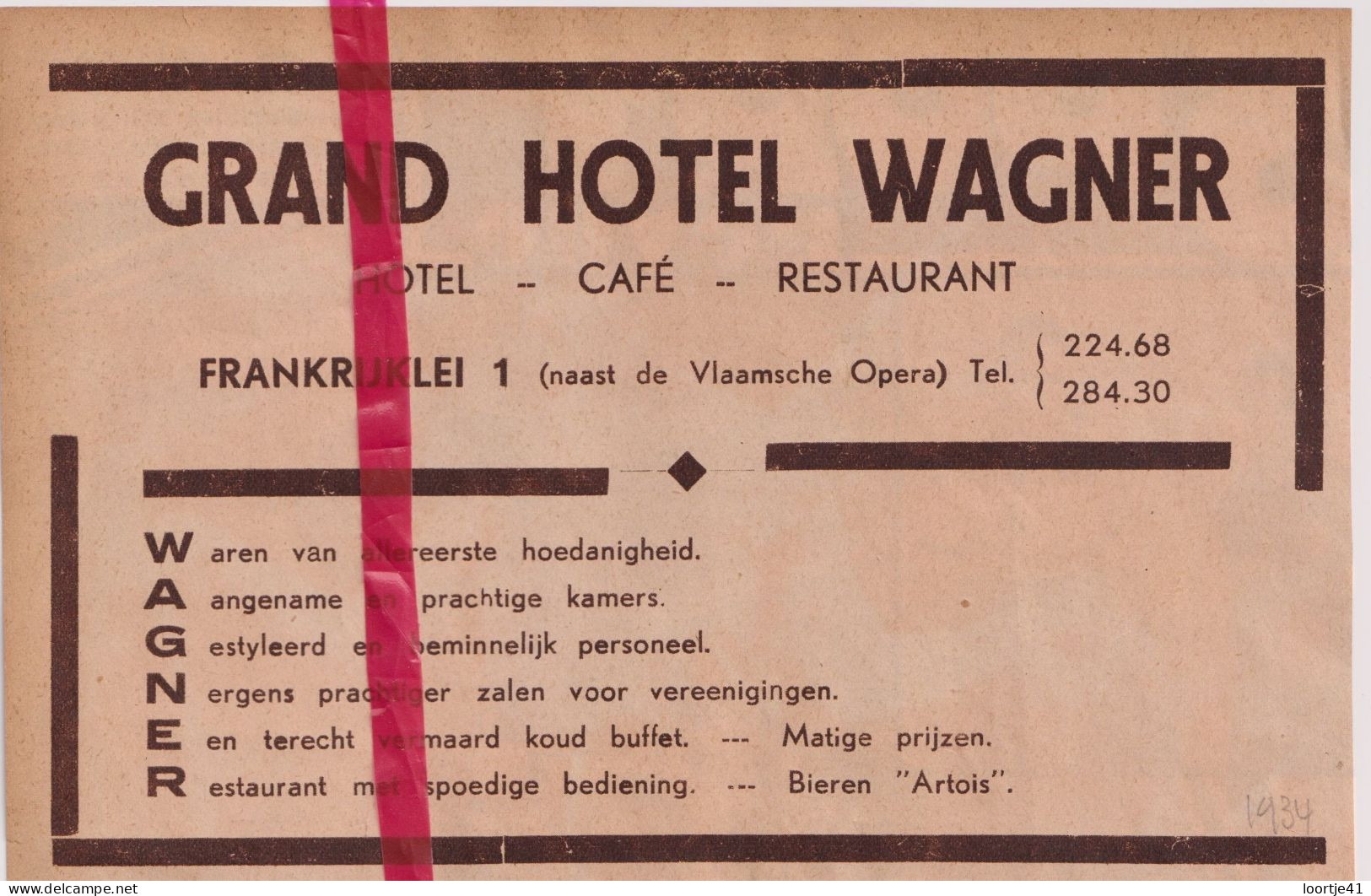 Pub Reclame Grand Hotel Wagner - Antwerpen - Orig. Knipsel Coupure Tijdschrift Magazine - 1934 - Publicités
