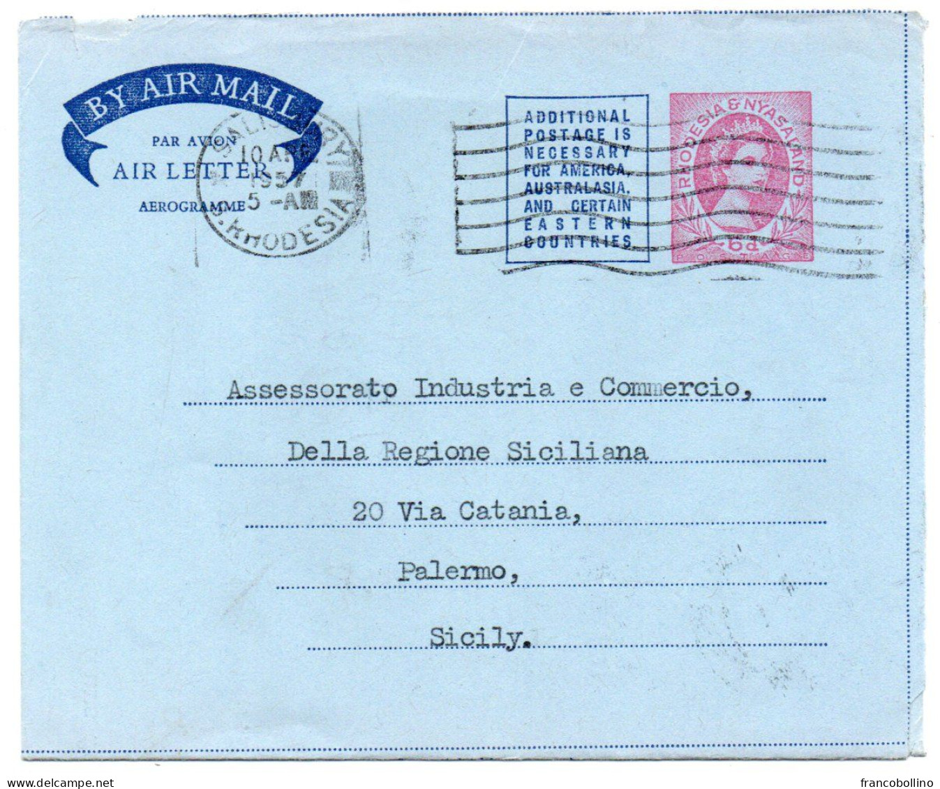 RHODESIA & NYASALAND - AEROGRAMME/AIR LETTER QEII 6d.TO ITALY / SALISBURY CANCEL 1957 - Rhodesië & Nyasaland (1954-1963)