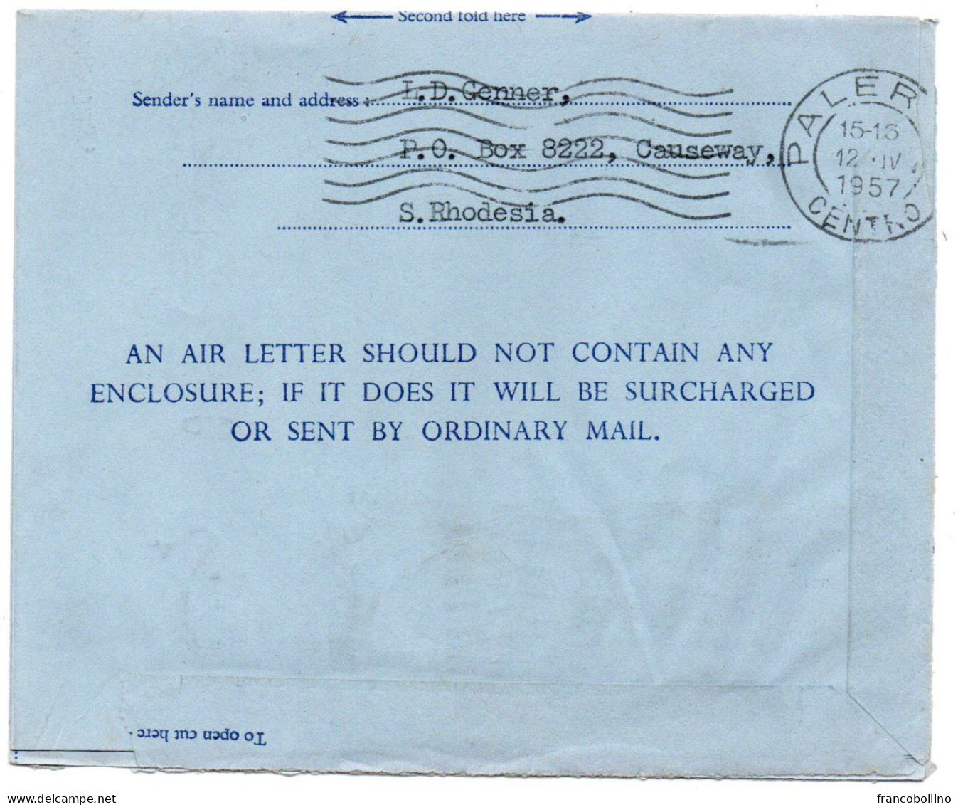 RHODESIA & NYASALAND - AEROGRAMME/AIR LETTER QEII 6d.TO ITALY / SALISBURY CANCEL 1957 - Rodesia & Nyasaland (1954-1963)