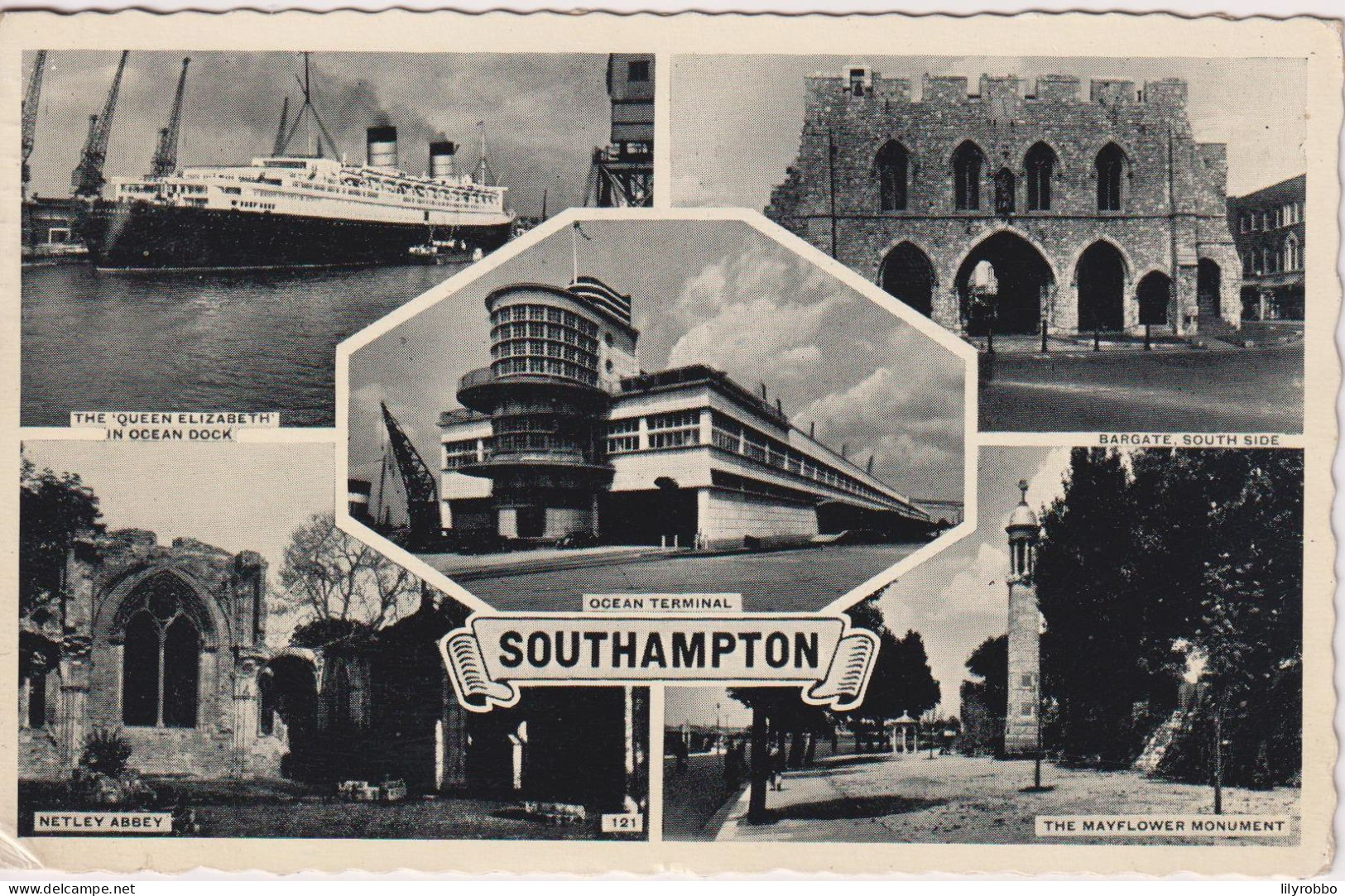 UK Multi-view RPPC Of Southampton, Inc Ocean Terminal And Queen Elizabeth - VG Hayling Island Postmark 1958 - Southampton