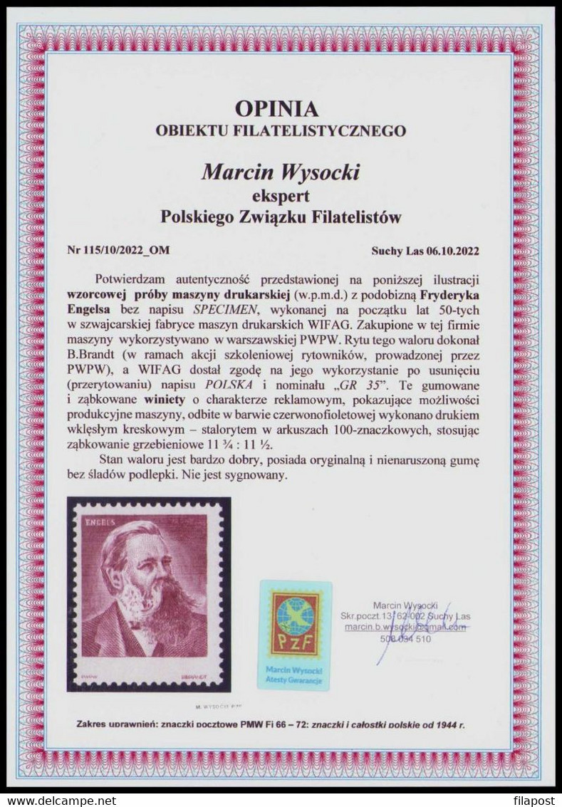 Poland 1953 Engels Proof Of The Print Machine Of Polish Nationality Printing House, Signed + Fotoatest Expert PZF MNH** - Ongebruikt