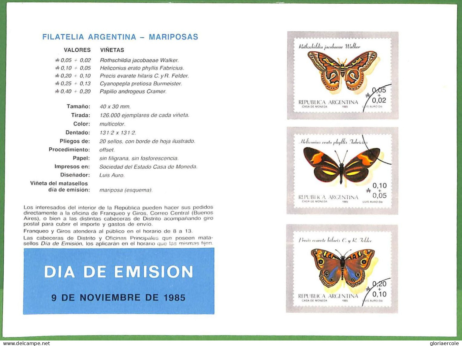 ZA1886 - ARGENTINA - POSTAL HISTORY - Official Stamp Bulletin BUTTERFLIES 1985 - Libretti