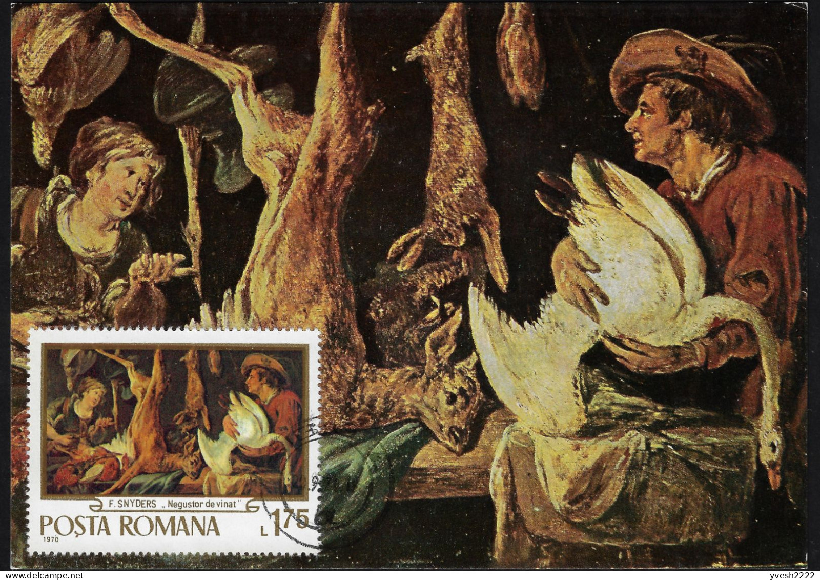 Roumanie 1970 Y&T 2565 Sur Carte Maximum. Tableaux De Chasse. Frans Snyders, Le Marchand De Gibier. Cygne, Lapin, Biche - Conigli