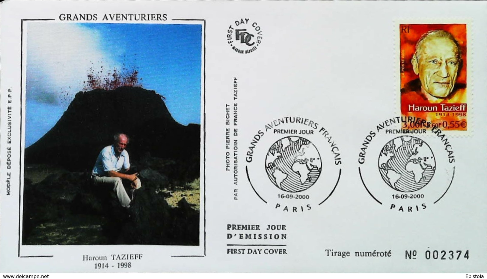 FRANCE - FDC - 2000 (Oblitération Paris) - Haroun TAZIEFF "Volcan" - Série Grands Aventuriers - Volcanos