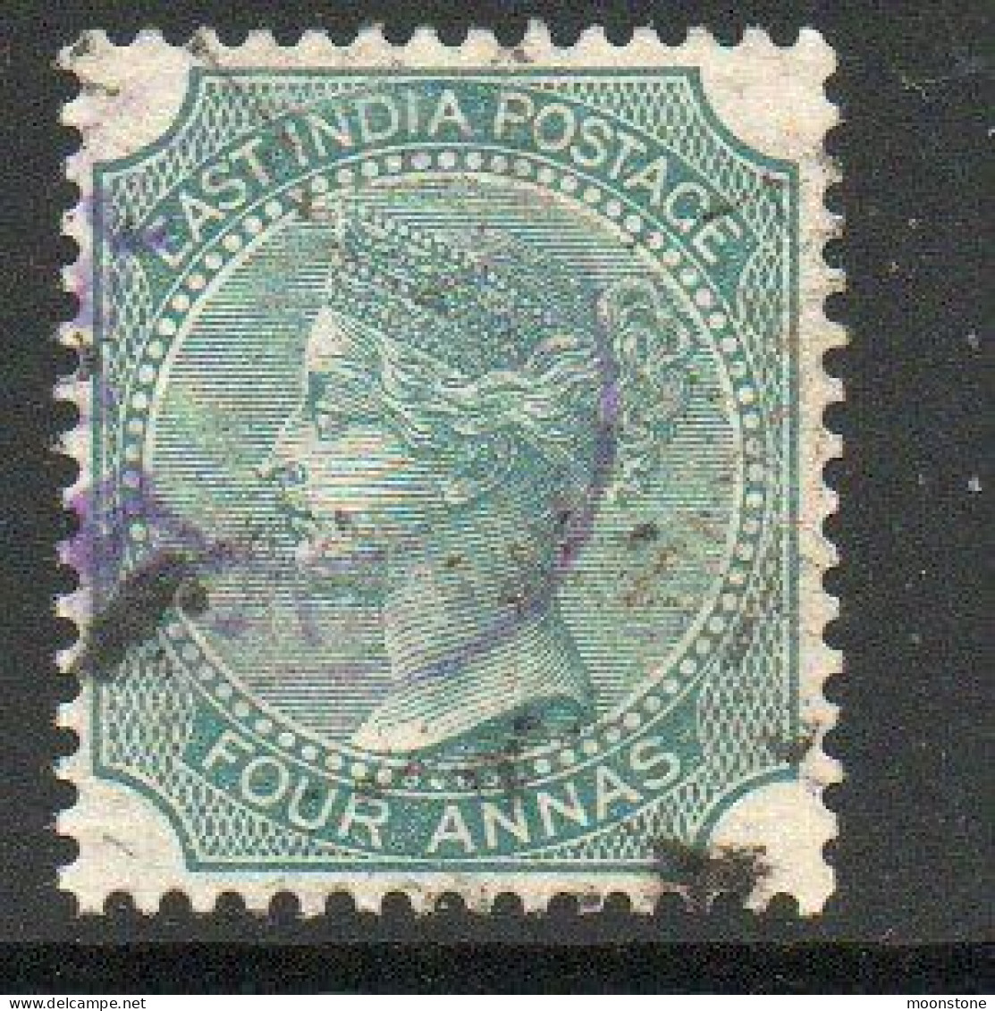 India 1866-78 4 Annas Deep Green, Die II, Wmk. Elephant Head, Perf. 14, Used, SG 71 (E) - 1854 East India Company Administration