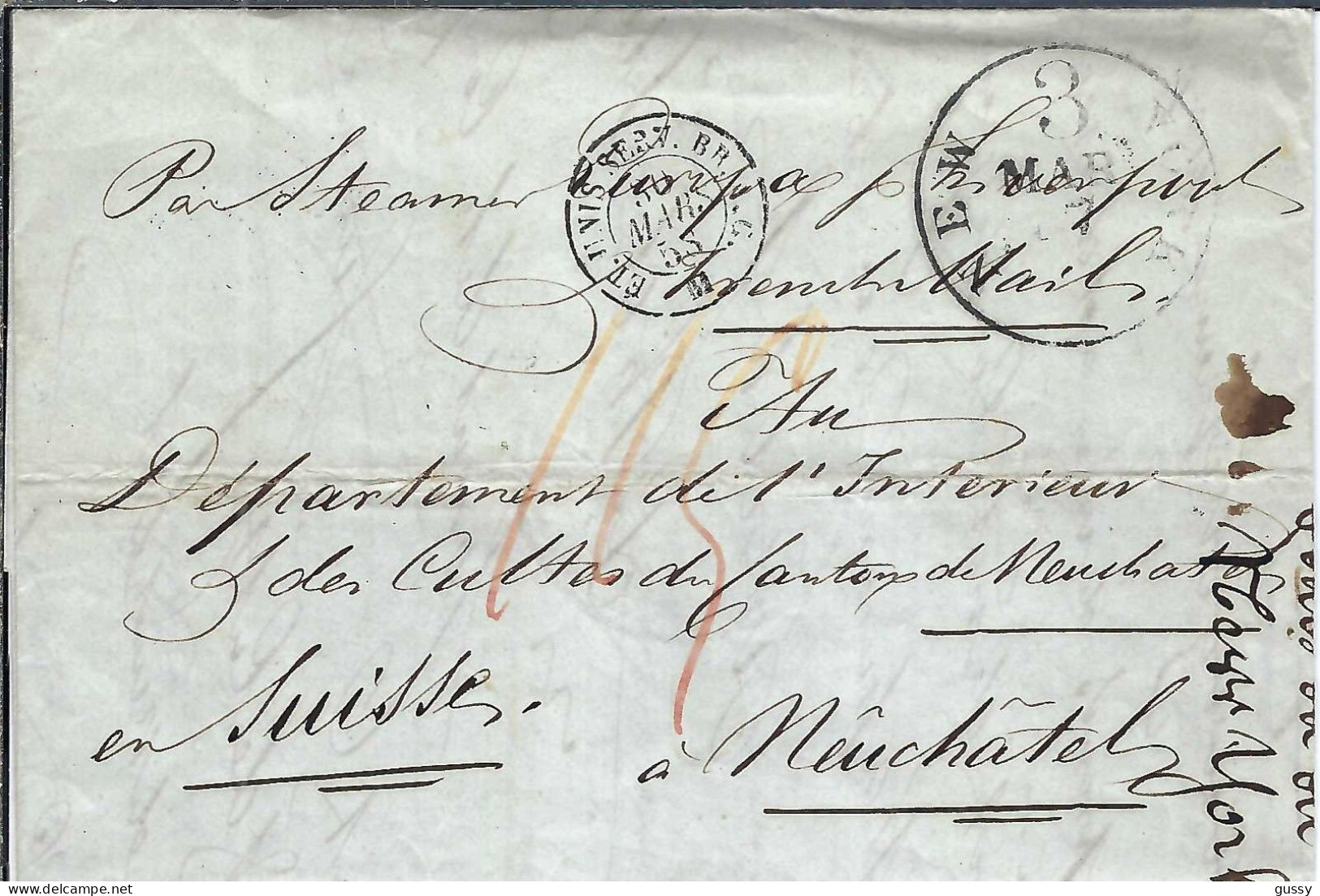 ETATS UNIS Préphilatélie 1858: LAC Du Consul De Suisse à New York (USA) Pour Neuchâtel (Suisse) En Port Dû, Taxée 115c - …-1845 Voorfilatelie