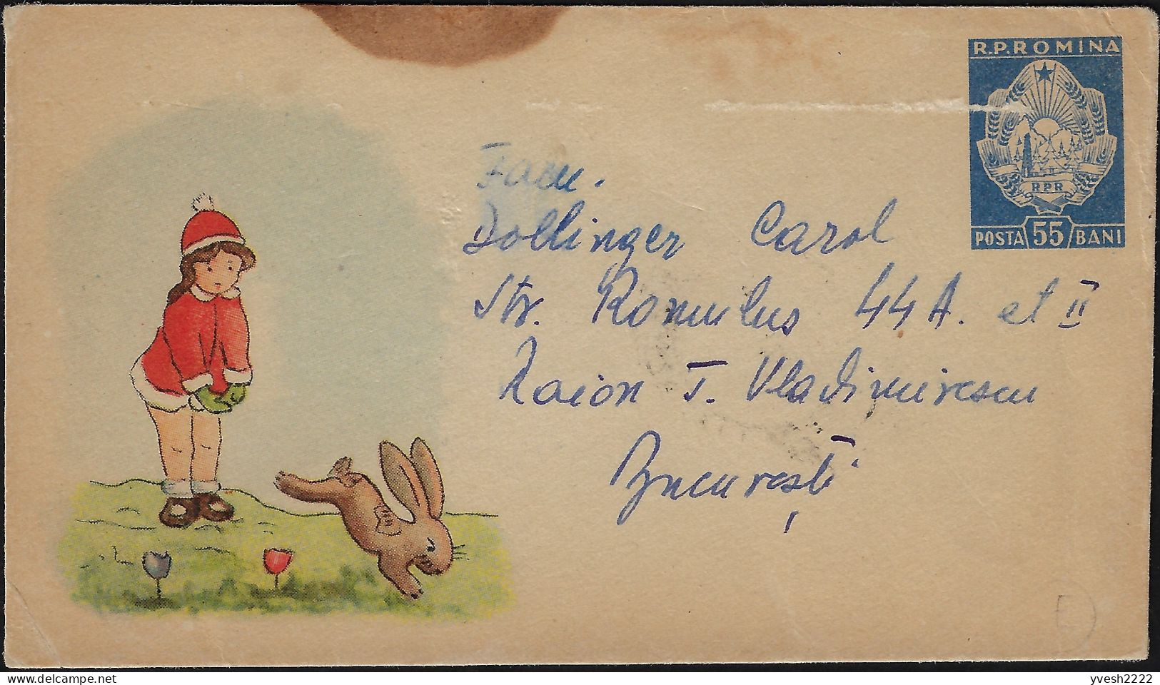 Roumanie Vers 1959. Entier Postal, Pénurie Communiste De Papier. Jeune Fille Et Lapin. Rare - Konijnen