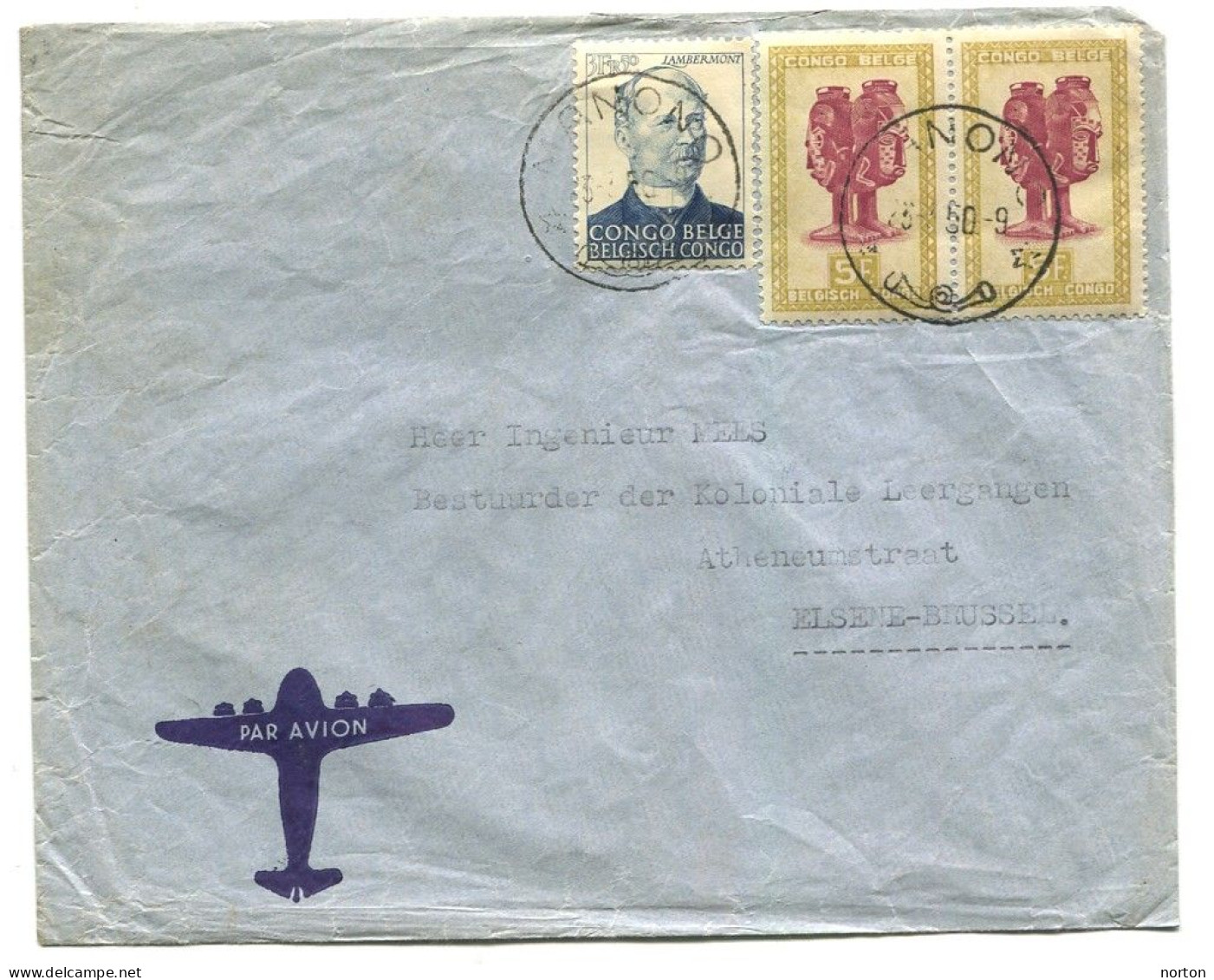 Congo Manono Oblit. Keach 8A2 Sur C.O.B. 275 + 290 (paire) Sur Lettre Vers Elsene-Bruxelles Le 23/03/1950 - Lettres & Documents