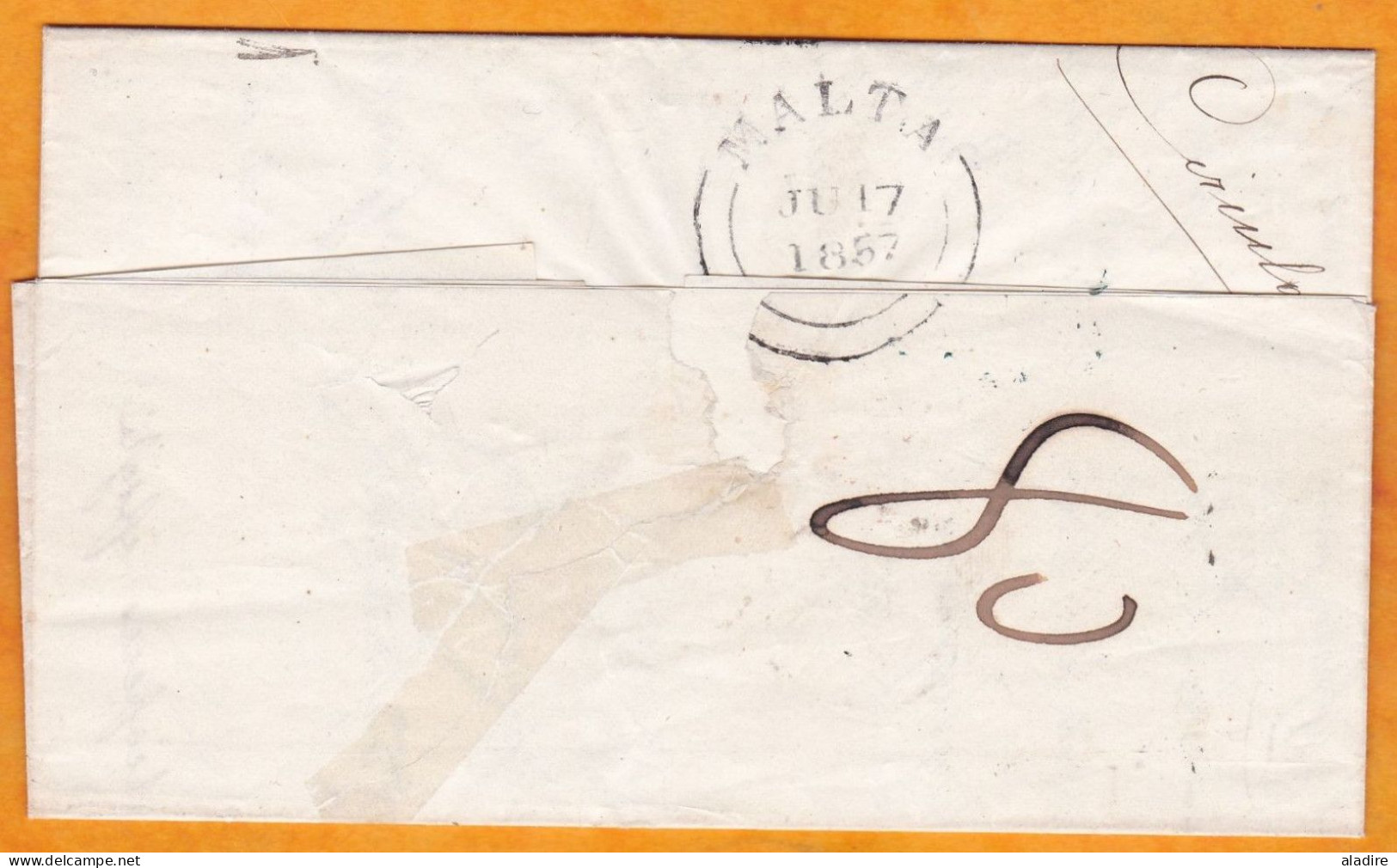 1857 - Lettre Imprimée En Italien De Malta Malte, GB Vers Marseille Marsiglia, France - Cachet à Date D' Entrée - Malte (...-1964)