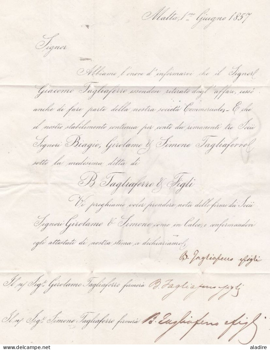 1857 - Lettre Imprimée En Italien De Malta Malte, GB Vers Marseille Marsiglia, France - Cachet à Date D' Entrée - Malta (...-1964)