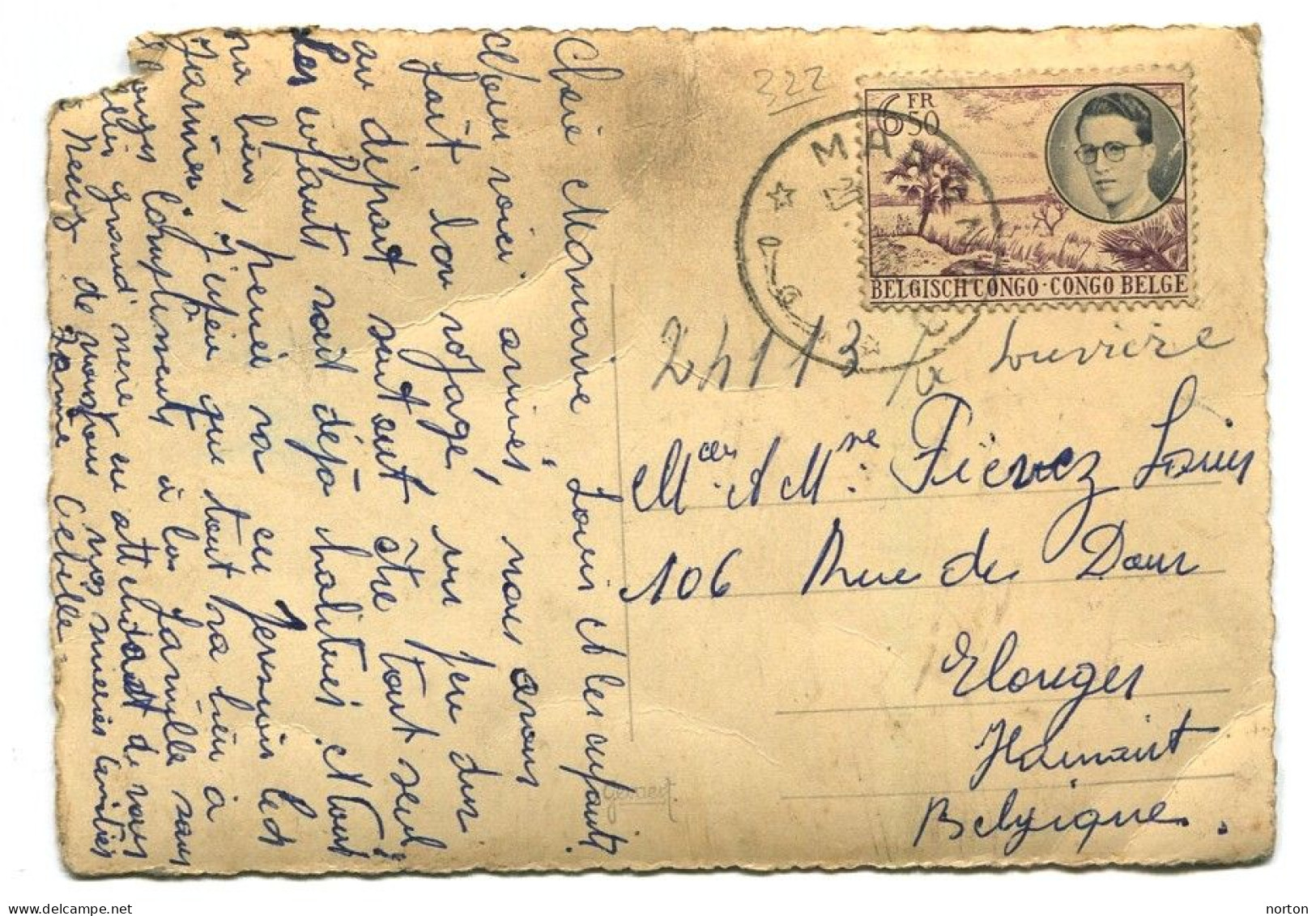Congo Manono Oblit. Keach 10(-B) Sur C.O.B. 332 Sur Carte Postale Vers Elouges Le 29/11/1955 - Lettres & Documents