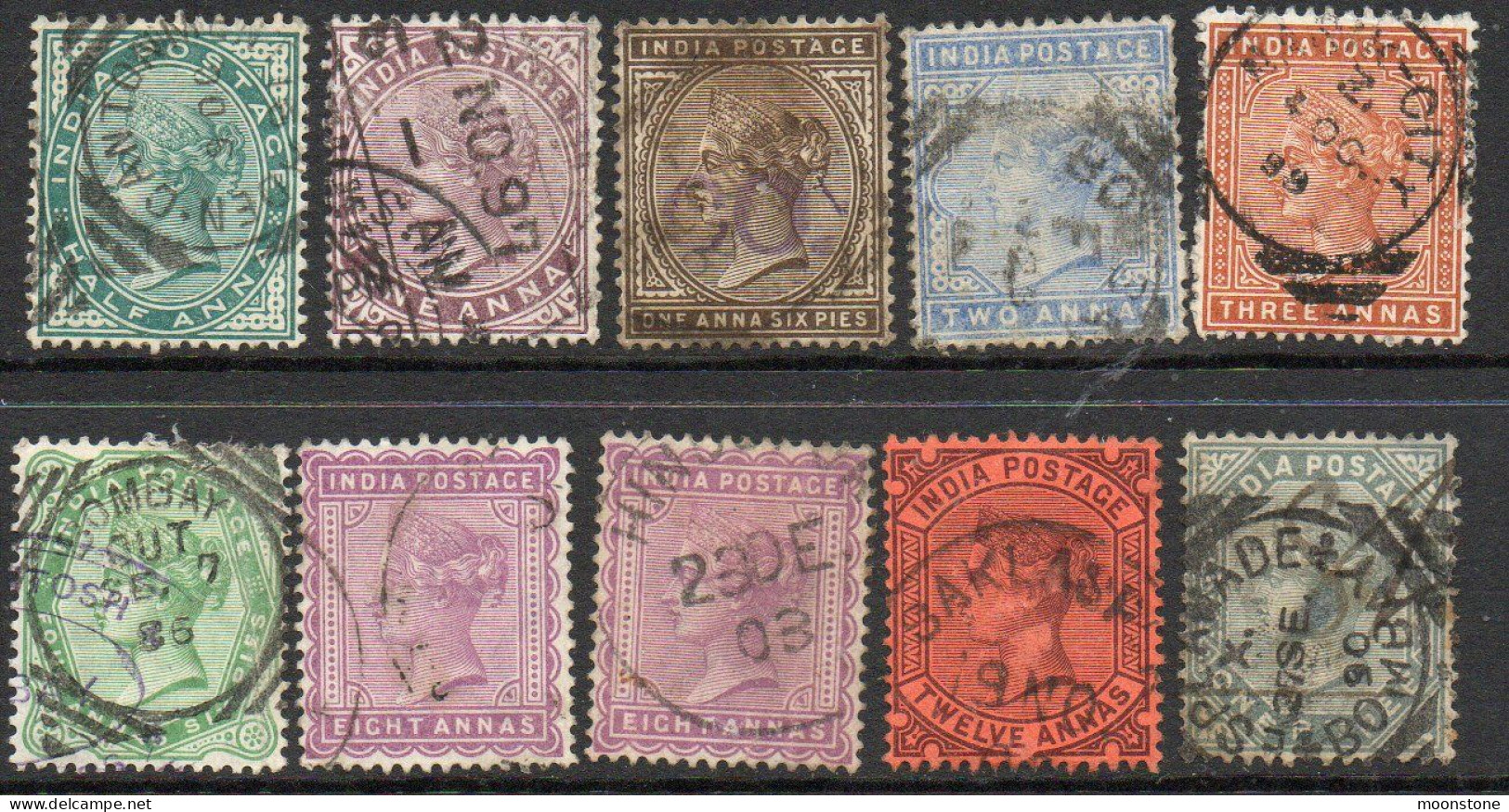 India 1882-90 Group Of 10, Inc. 8 Annas Shades, Wmk. Star, Used, Between SG 84-101 (E) - 1854 Compagnia Inglese Delle Indie