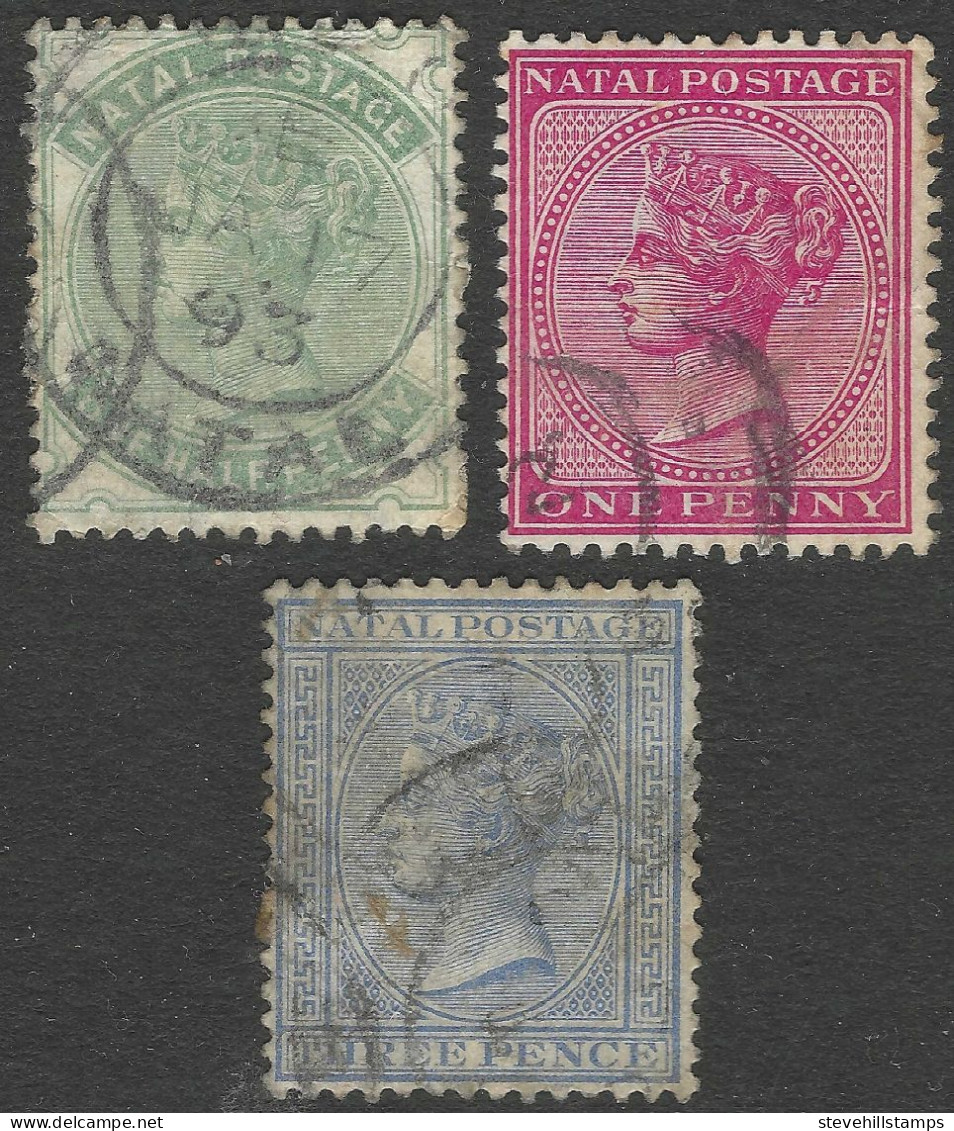 Natal. 1882-89 QV. 3 Used Values To 3d (½d, 1d, 3d). Crown CA Watermark SG 97a Etc. M3059 - Natal (1857-1909)