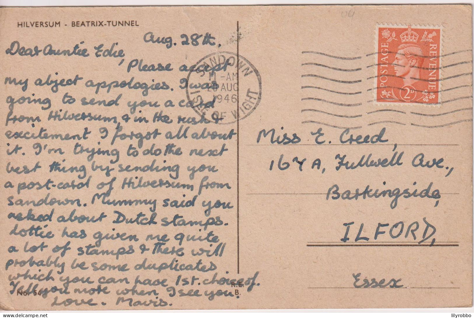 NETHERLANDS - Hilversum - Beatrix-Tunnel. Sandon IOW UK Postmark 1946 - Hilversum