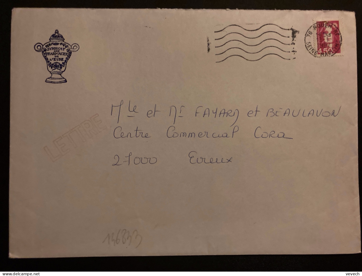 LETTRE SYNDICAT DES PHARMACIENS DE L'EURE TP M DE BRIAT 4,50 OBL.MEC.13-1 1997 76 ROUEN RP SEINE MARITIME - 1989-1996 Maríanne Du Bicentenaire