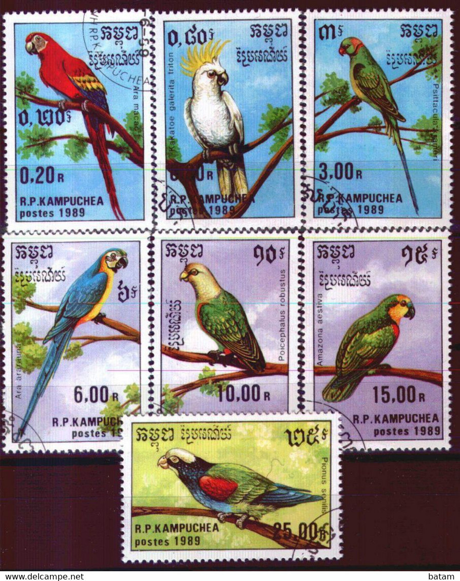 221 - Cambodia - Kampuchea - Birds - Parrots  - Dogs - Used Set - Papegaaien, Parkieten