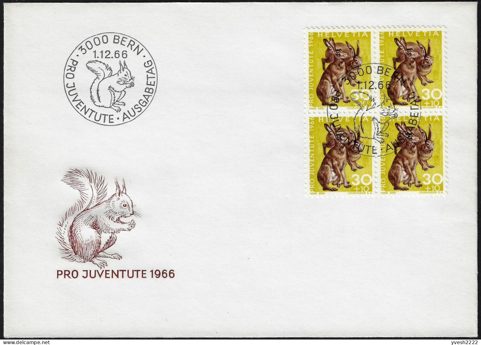 Suisse 1966 Y&T 781 Sur FDC En Bloc De 4. Lièvres - Conejos