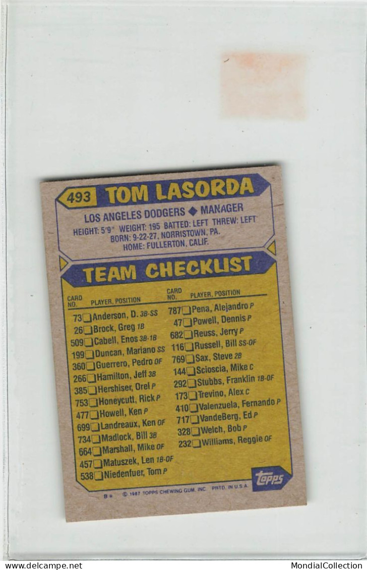 MIKI-AP8-013 BASEBALL CARTE TOPPS NUM 493 MANAGER TOM LASORDA DODGERS - Baseball