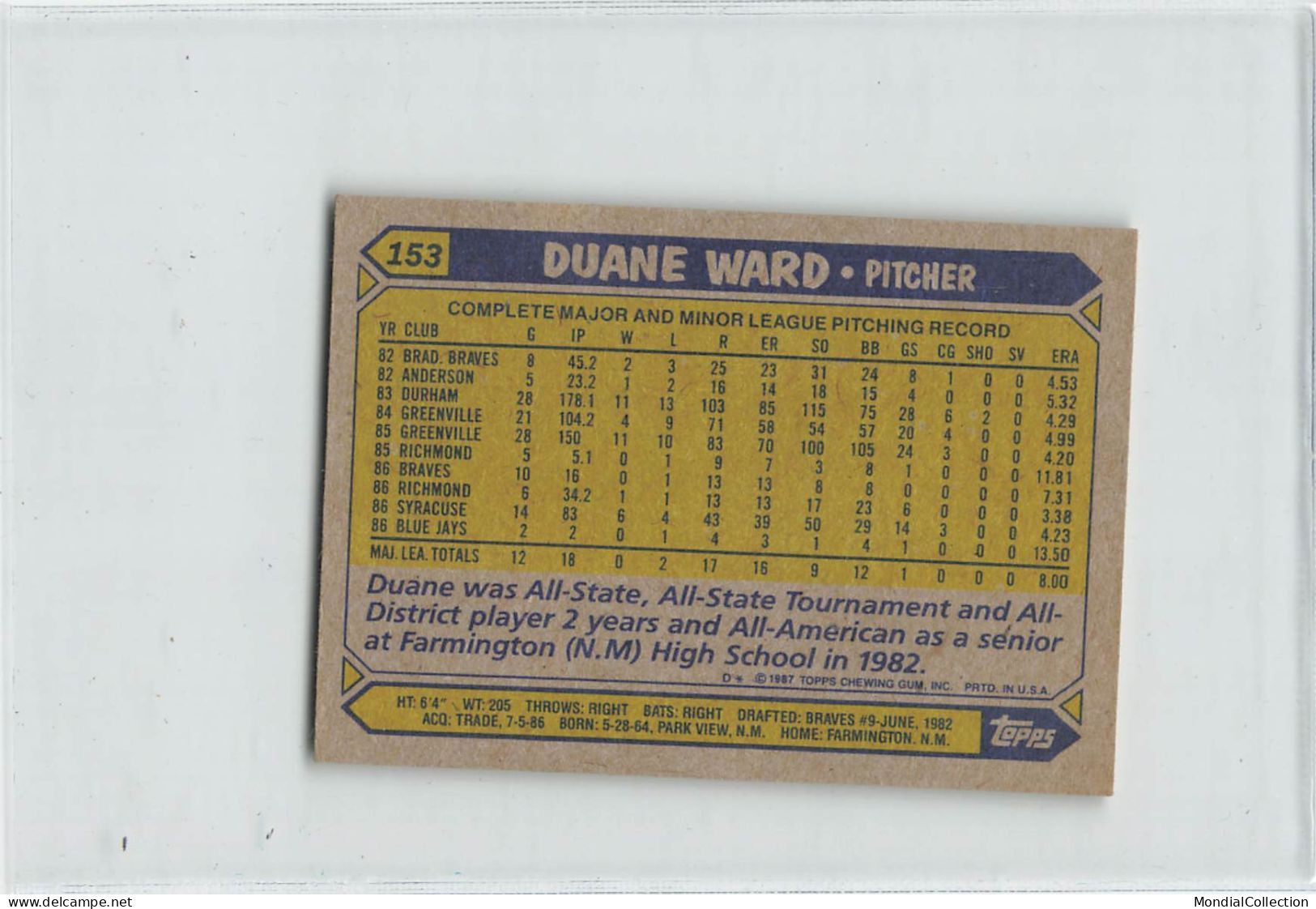 MIKI-AP8-015 BASEBALL CARTE TOPPS NUM 153 DUANE WARD TORONTO BLUE JAYS - Baseball