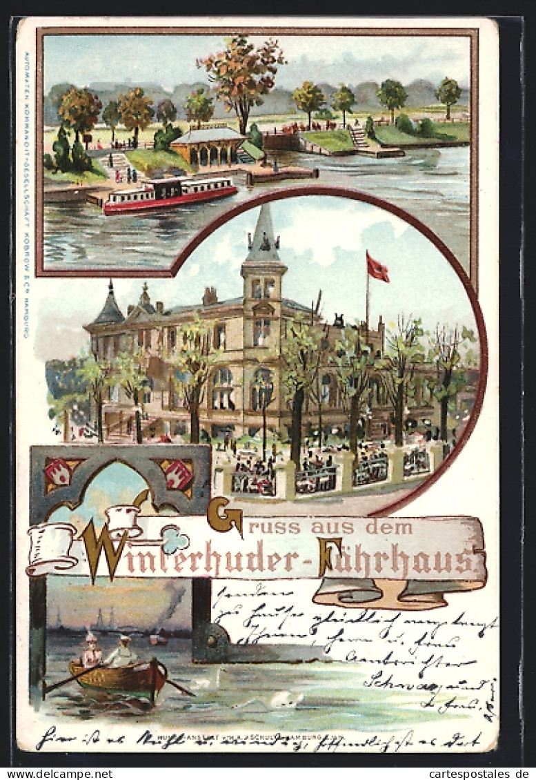 Lithographie Hamburg-Winterhude, Gasthof-Etablissement Winterhuder Fährhaus  - Winterhude