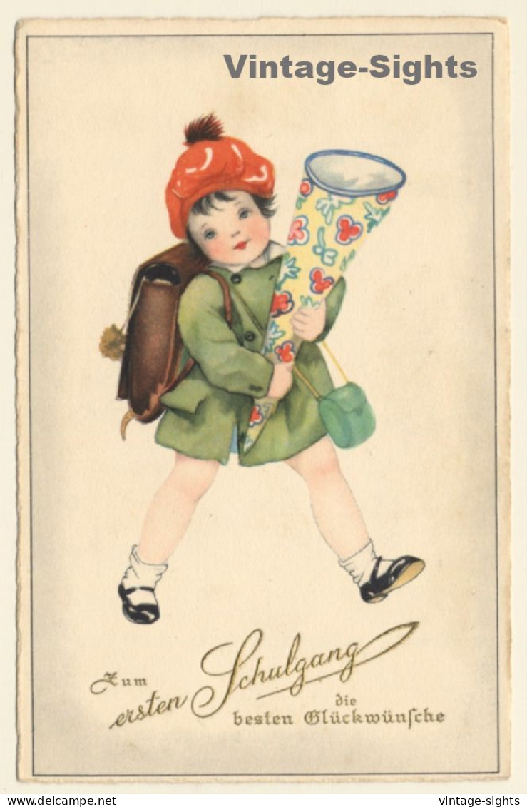 Little Girl With School Cone & Tornister *7 / Schultasche (Vintage PC ~1920s/1930s) - Schulen